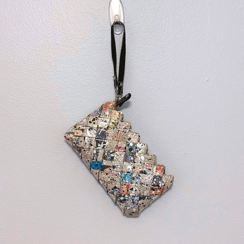 Nahui Ollin Recycled Paper Woven Wristlet Clutch Newspaper Paint Splatter Print